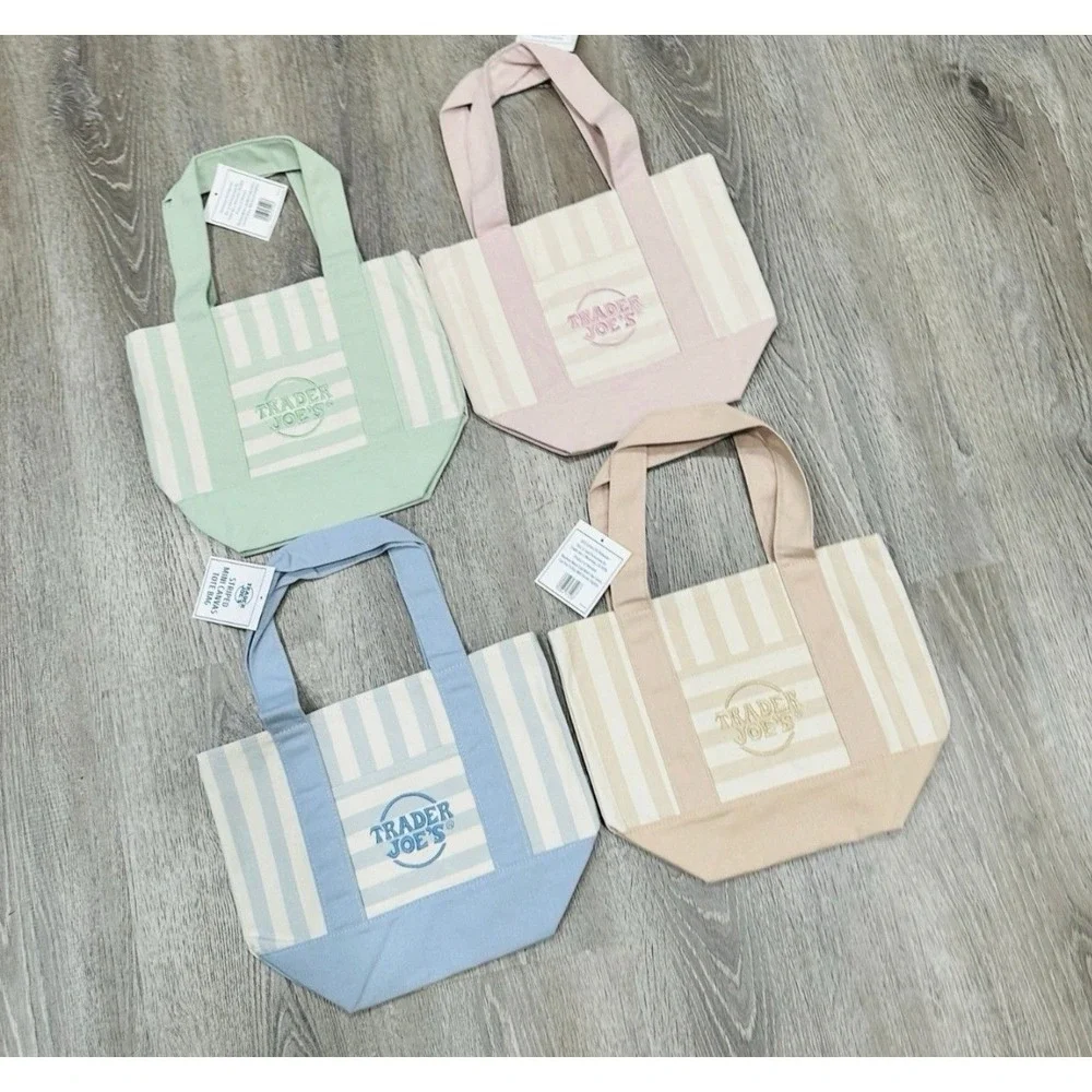 Trader Joe's Striped Mini Canvas Tote Bag Set of 4 Pink Blue Green Tan NWT